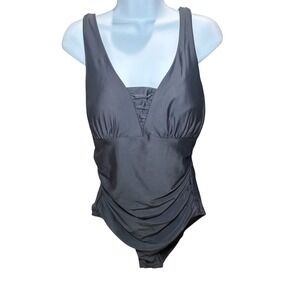 32 Degrees Cool NWT Black One-Piece Swimsuit XL V-Neck Tummy Control Ruched